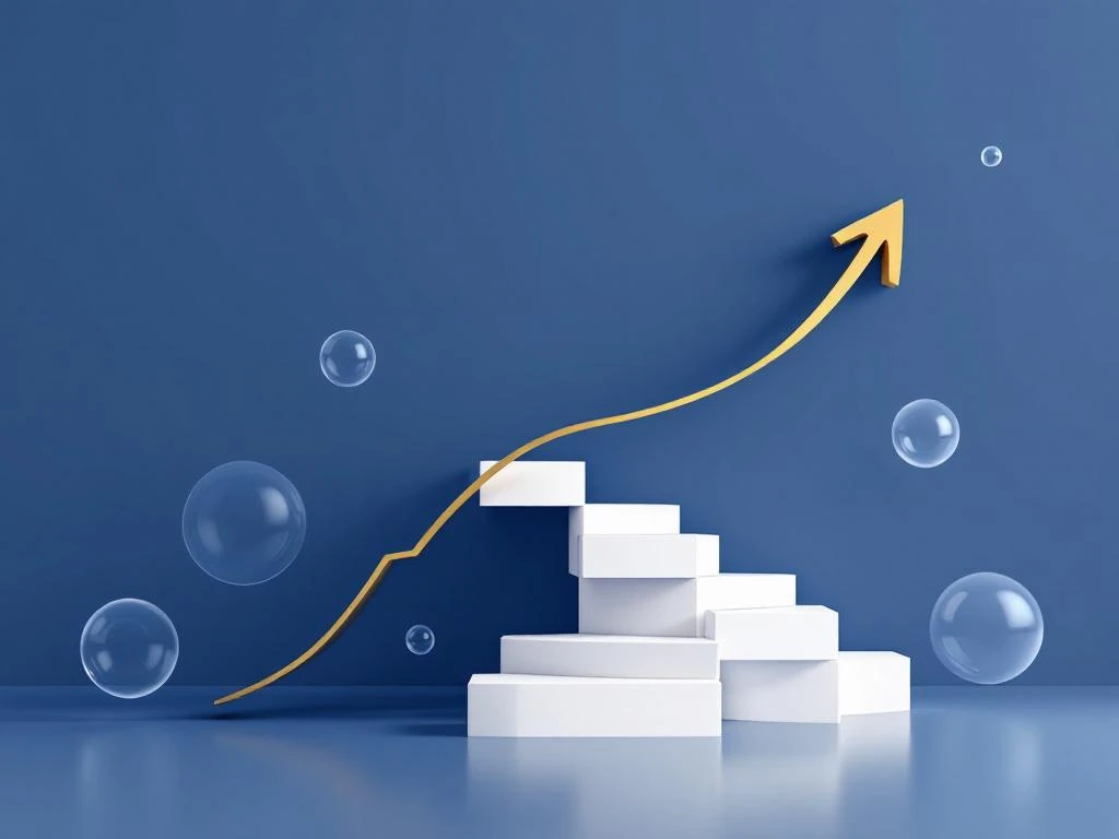 Witte trap van geometrische blokken met gouden pijl symboliseert hypotheekbetalingen en financiële groei op blauwe achtergrond