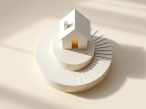 Luchtfoto van wit architectuurmodel met klokwerk in fundering en pad van 30 treden, symboliseert hypotheek herfinanciering