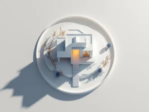 Architectuurmodel van modern huis op kruispunt met twee paden in goud licht en schaduw, bovenaanzicht