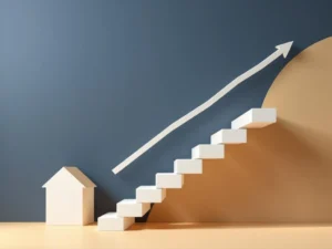 Witte dalende trap met geometrische vormen op gradiëntachtergrond, symboliseert hypotheeknadelen