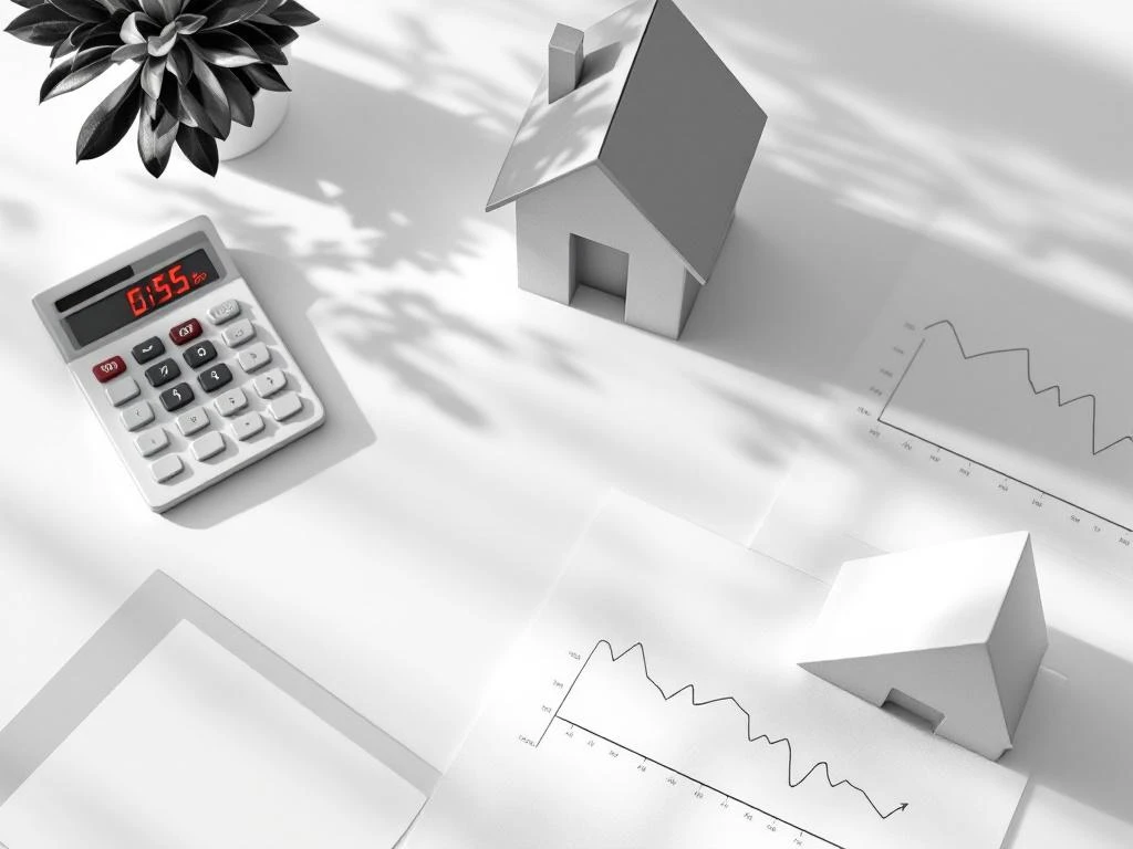 Rekenmachine met dalende cijfers, huismodel en financiële documenten met neergaande grafieken op wit bureau