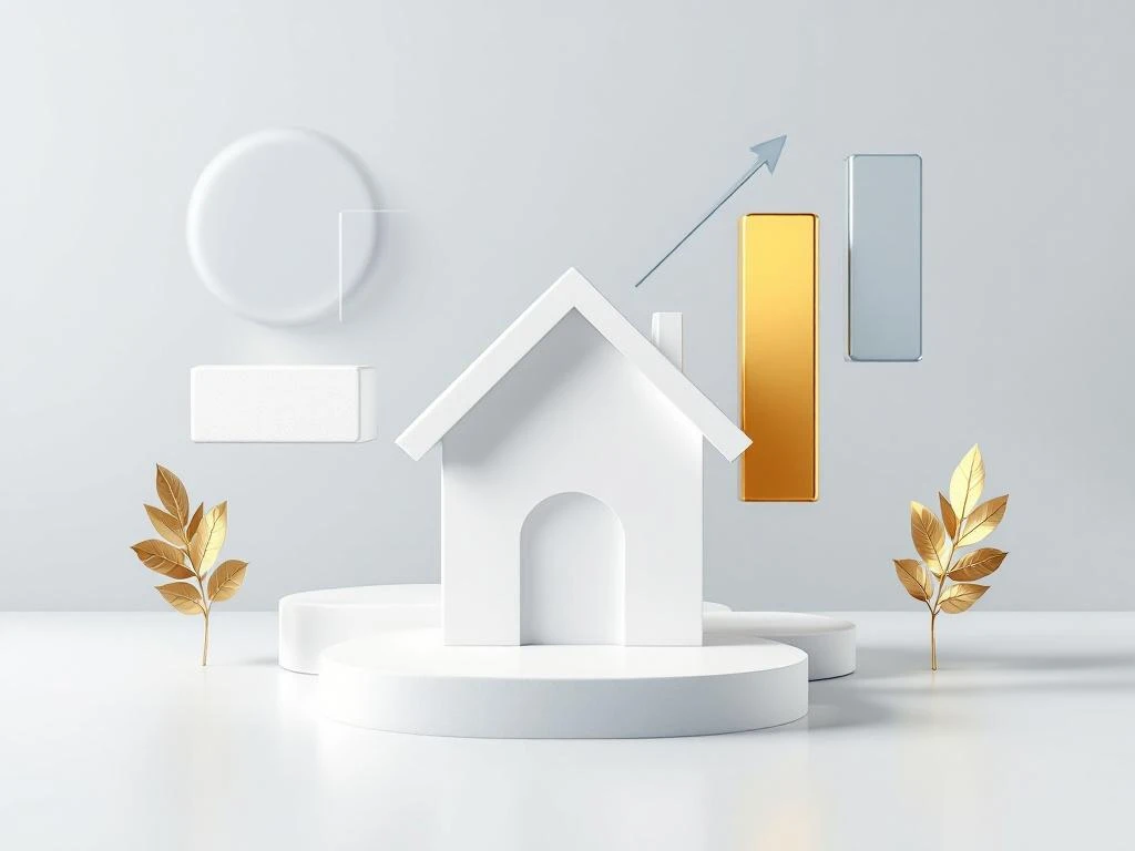 3D architectuurmodel met zwevende balkjes en gouden accent die hypotheekopties en financiële groei symboliseren