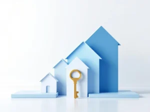 Gouden sleutel voor minimalistische huizen in trapvorm die verschillende hypotheekopties vertegenwoordigen in blauw en wit