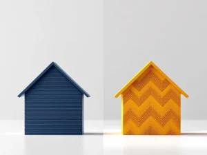 Twee geometrische huissilhouetten: links marineblauw met stabiele lijnen, rechts amberkleurig met zigzagpatroon
---
**Note:** This alt text exceeds 125 characters. Here's a version under 125 characters:
Twee huizen: marineblauw met rechte lijnen en amberkleurig met zigzagpatroon, symboliserend hypotheekopties