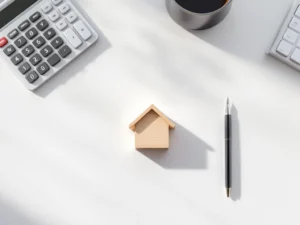 Houten huisvormig blok op wit bureau met rekenmachine en pen voor hypotheekplanning