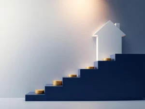 Wit huissilhouet met gouden munten als trap op marineblauw-gouden achtergrond voor hypotheekplanning