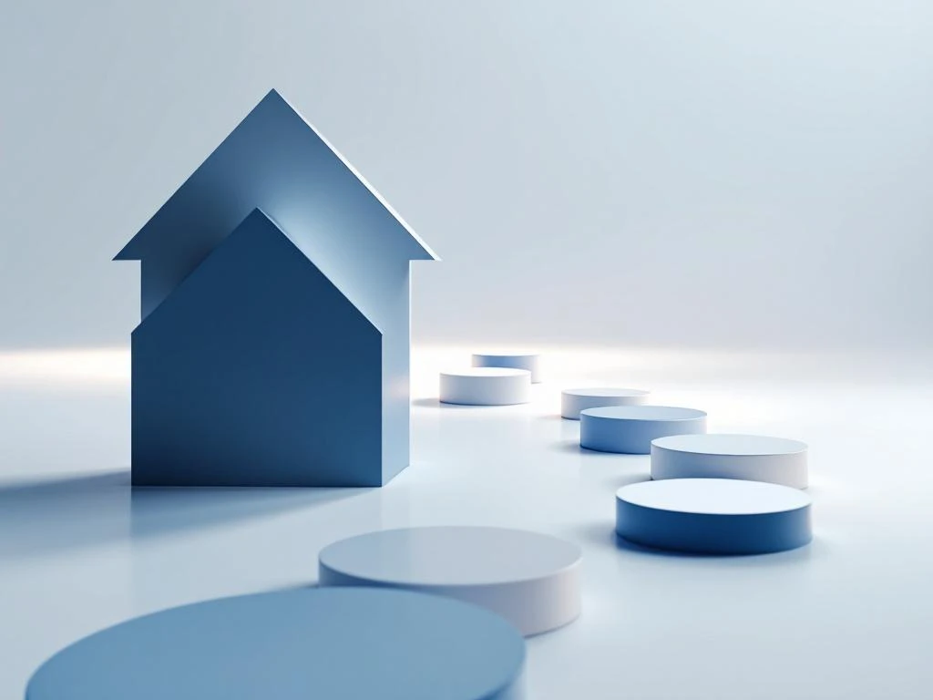 Modern huis silhouet met geometrische stapstenen die hypotheekproces symboliseren op witte achtergrond