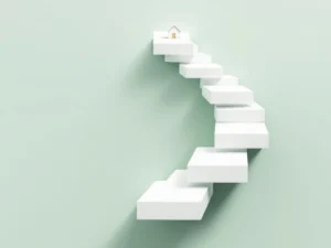 Witte geometrische stapstenen in opwaartse spiraal met calculator en huispictogram op groene achtergrond