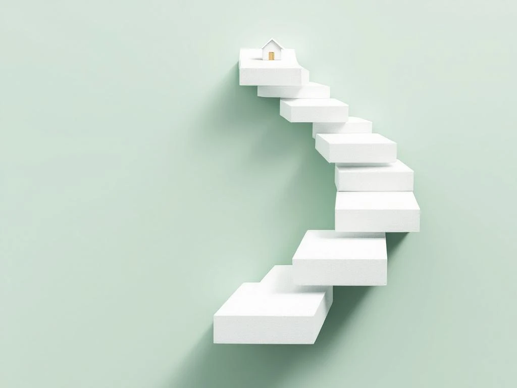 Witte geometrische stapstenen in opwaartse spiraal met calculator en huispictogram op groene achtergrond