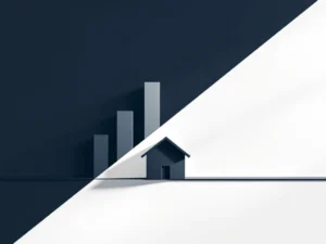 Diagonaal verdeelde grafiek met blauwe stijgende balken voor annuïteitenhypotheek en gouden lijn voor aflossingsvrije hypotheek