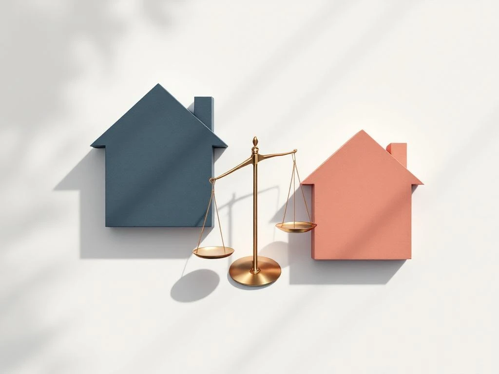 Gouden weegschaal tussen twee huisvormige objecten in blauw en koraal, symboliseert hypotheekvergelijking