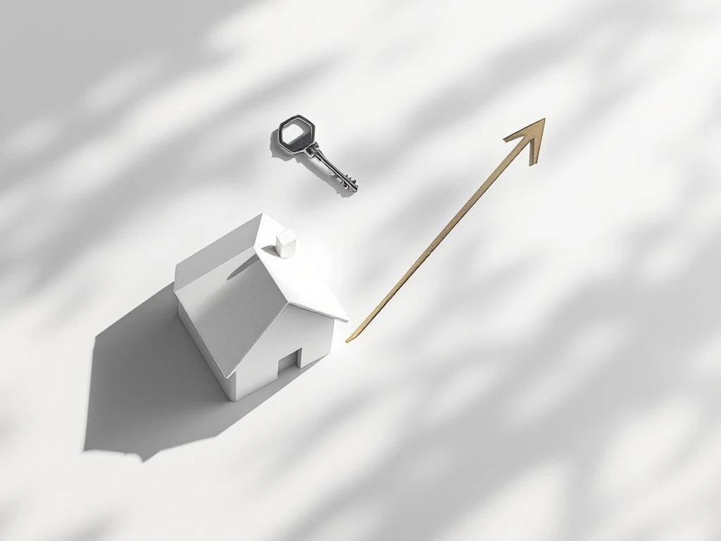 Wit huismodel met sleutel en rekenmachine, pijl naar beneden symboliseert hypotheekverlaging, bovenaanzicht