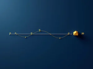 Luchtfoto van twee geometrische paden naar een huis: wit pad met 30 segmenten en gouden pad met 20 segmenten op marineblauwe achtergrond