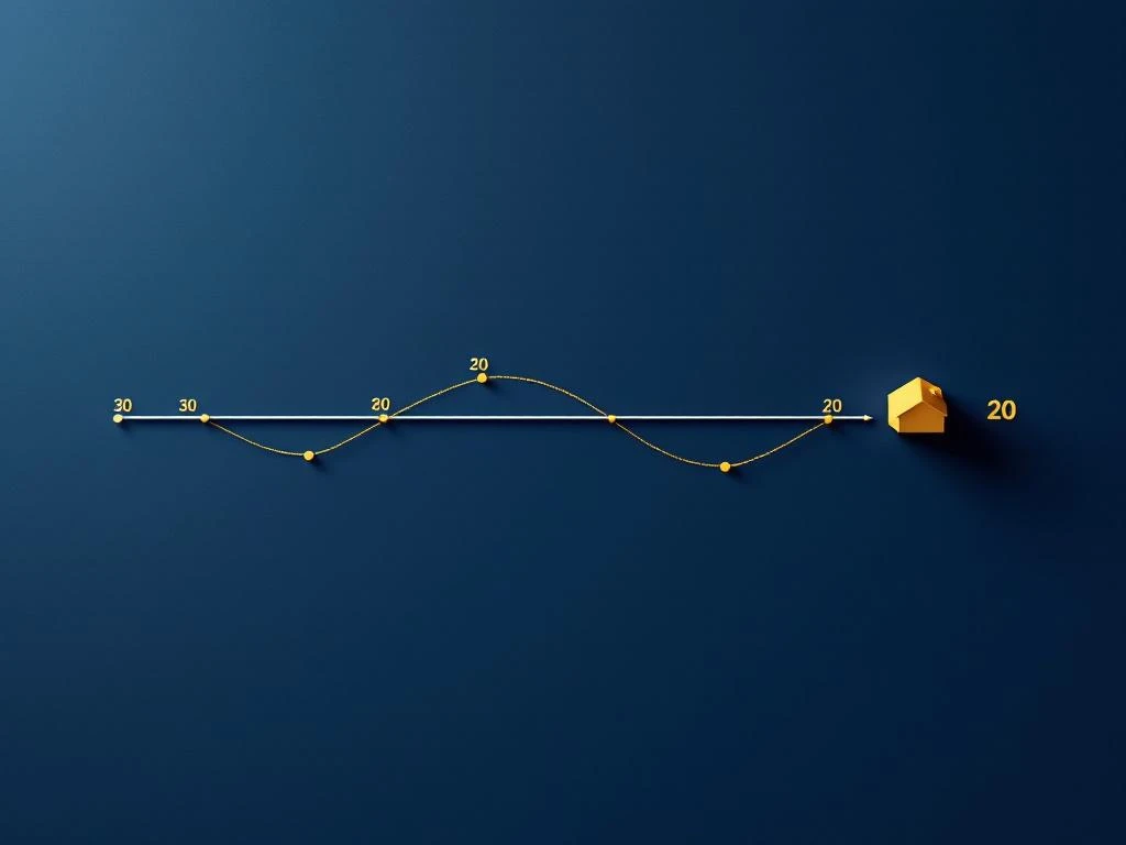 Luchtfoto van twee geometrische paden naar een huis: wit pad met 30 segmenten en gouden pad met 20 segmenten op marineblauwe achtergrond