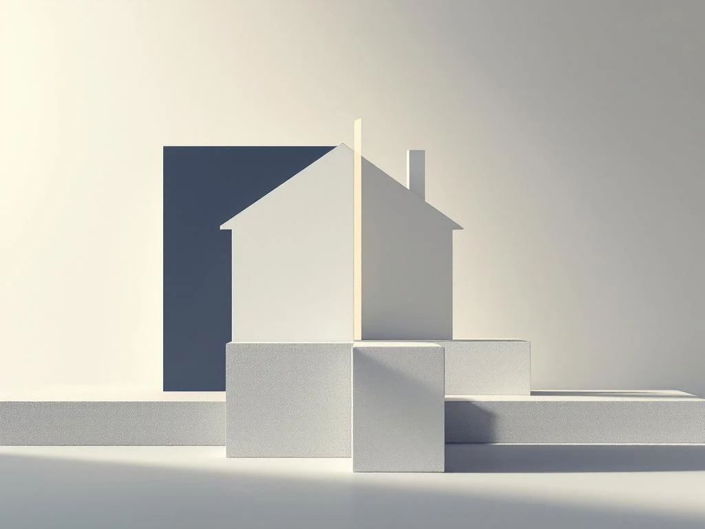 Minimalistisch wit huis half gefundeerd, half zwevend met marineblauw en goud accent symboliseert hypotheekvrijheid