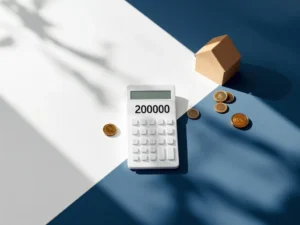 Rekenmachine toont 200000 naast houten huisblok en euromunten, symboliseert hypotheek en financiële planning