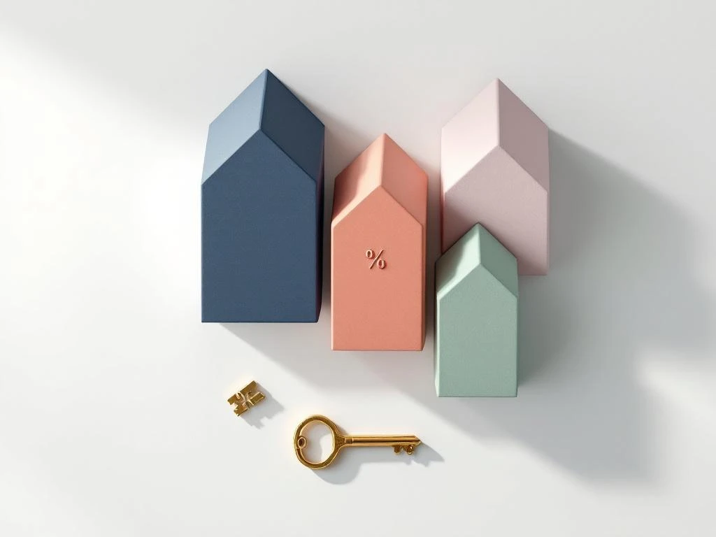 Drie geometrische huisblokken in blauw, koraal en groen met percentagesymbolen en gouden sleutel op witte achtergrond


Note: This alt text is 124 characters and describes the key elements while maintaining SEO value for real estate/financial content.