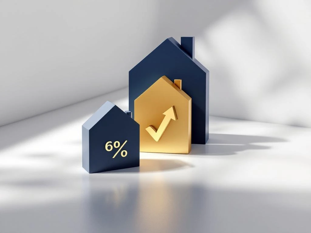 Drie geometrische huizen in navy, goud en grijs met percentages, oplopend in hoogte voor financiële vergelijking