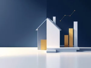 Wit modern huismodel met gouden licht en blauwe schaduw, weegschaal en dalend staafdiagram symboliseren hypotheekvrij wonen