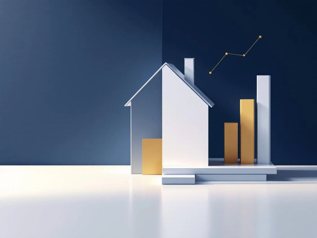 Wit modern huismodel met gouden licht en blauwe schaduw, weegschaal en dalend staafdiagram symboliseren hypotheekvrij wonen