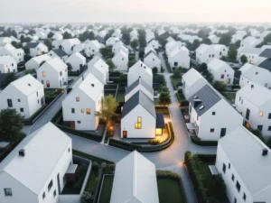Luchtfoto van moderne Nederlandse woonwijk met verlicht huis centraal tussen geometrische daken en groene omgeving
