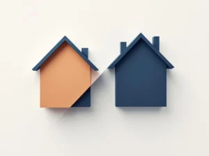 Twee geometrische huisvormen in marineblauw en koper, gescheiden door diagonale lijn, symboliseren dubbele lening