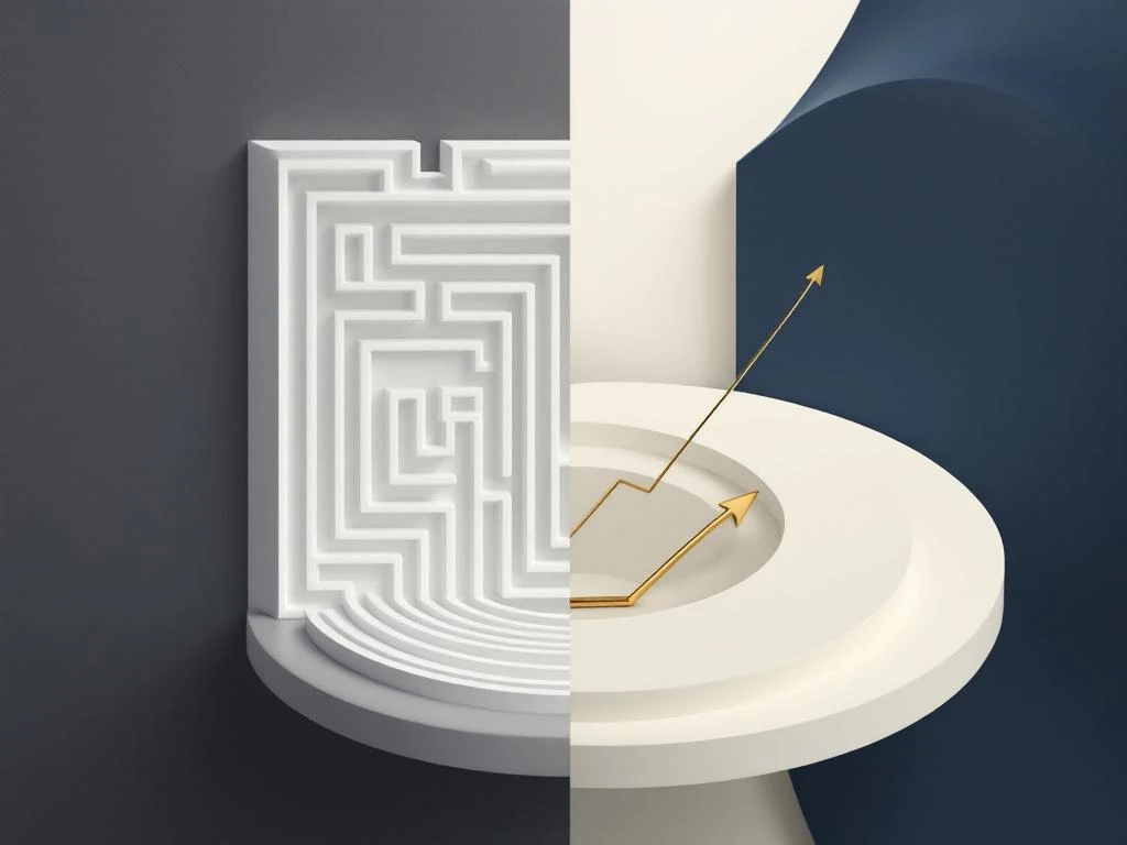 Gesplitste compositie met wit doolhof versus gouden pad, dalende grafiek en stijgende pijl symboliseren complexiteit en helderheid


---

**Note:** This alt text exceeds 125 characters. Here's a version under 125 characters:

Wit doolhof tegenover gouden pad met grafieklijnen, symboliseert complexiteit versus helderheid van lijfrentes