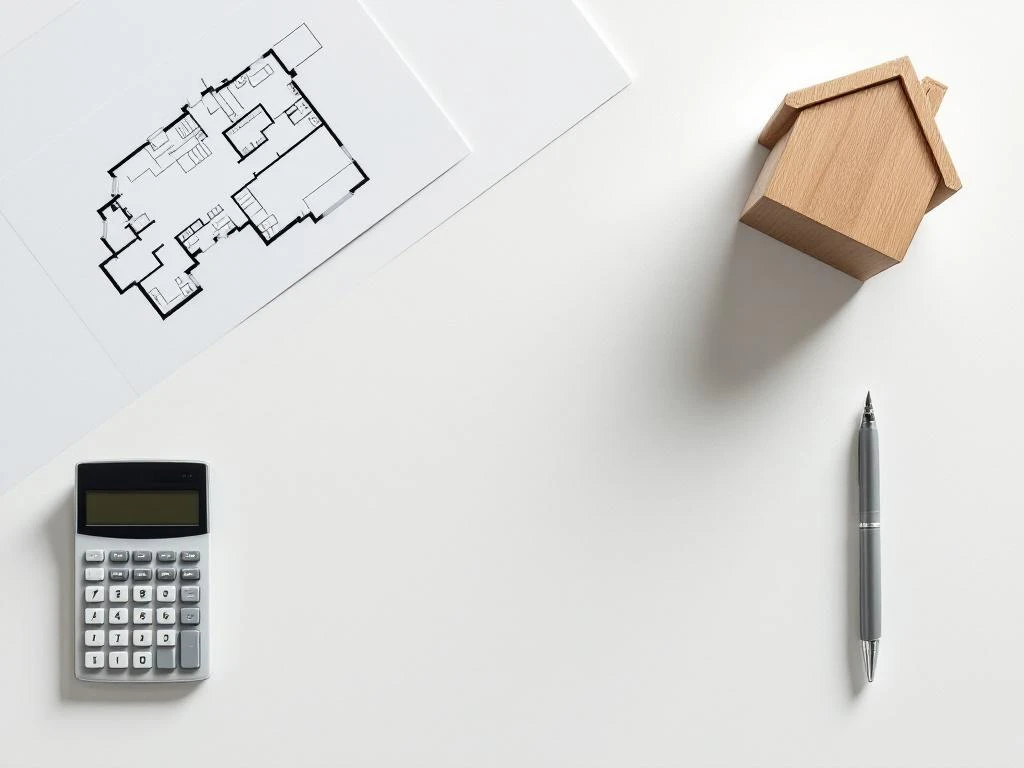 Bovenaanzicht van rekenmachine, bouwtekening, houten huisblok en pen op wit bureau voor financieel advies