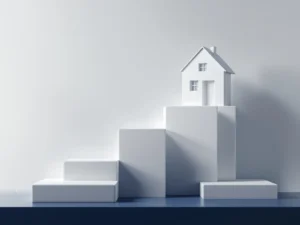 Wit huissilhouet met eurosymbool op oplopende treden tegen lichtgrijze achtergrond met marineblauwe accenten