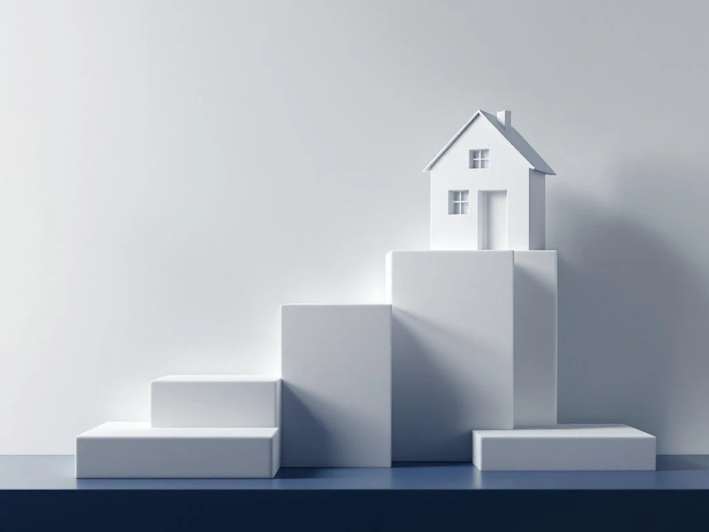 Wit huissilhouet met eurosymbool op oplopende treden tegen lichtgrijze achtergrond met marineblauwe accenten