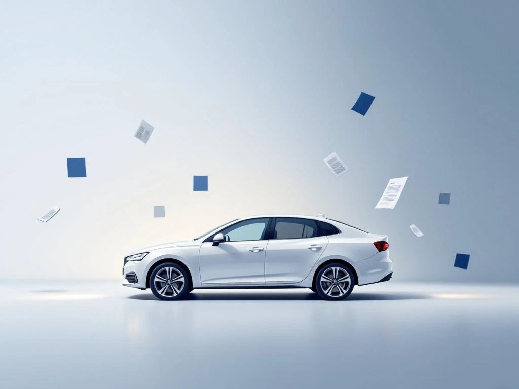 Witte auto silhouet omringd door documenten iconen op blauwe gradiënt achtergrond, minimalistisch ontwerp
