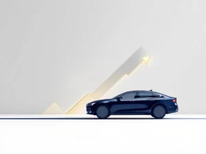 Donkerblauwe auto silhouet met gouden stijgende pijl die toenemende kosten illustreert op lichtgrijze achtergrond