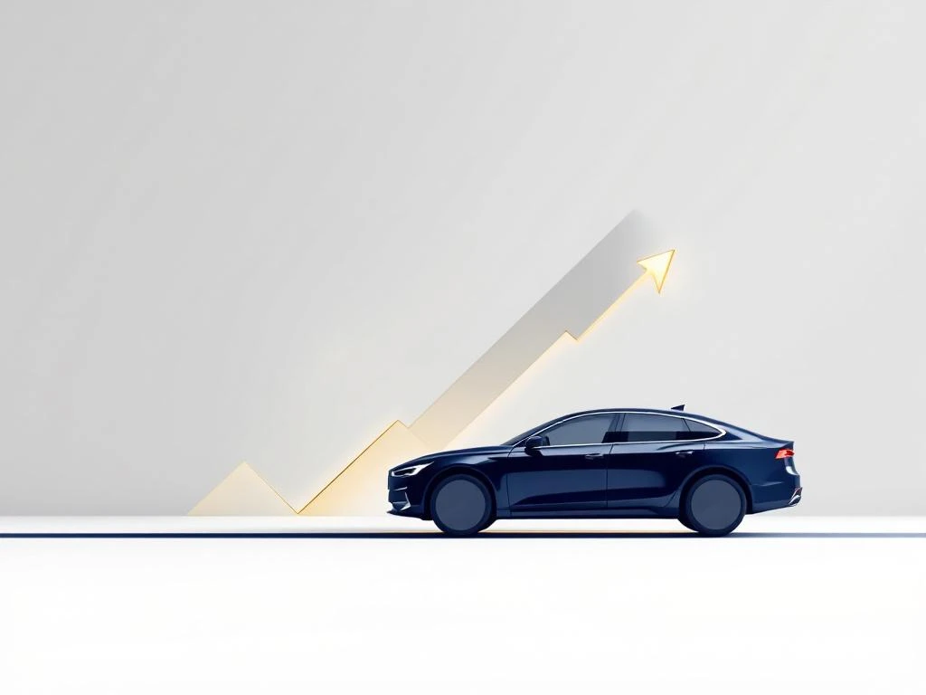 Donkerblauwe auto silhouet met gouden stijgende pijl die toenemende kosten illustreert op lichtgrijze achtergrond