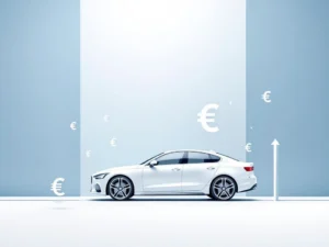 Witte auto silhouet met euro symbolen en pijl omhoog op blauwe gradient achtergrond voor financiële vergelijking