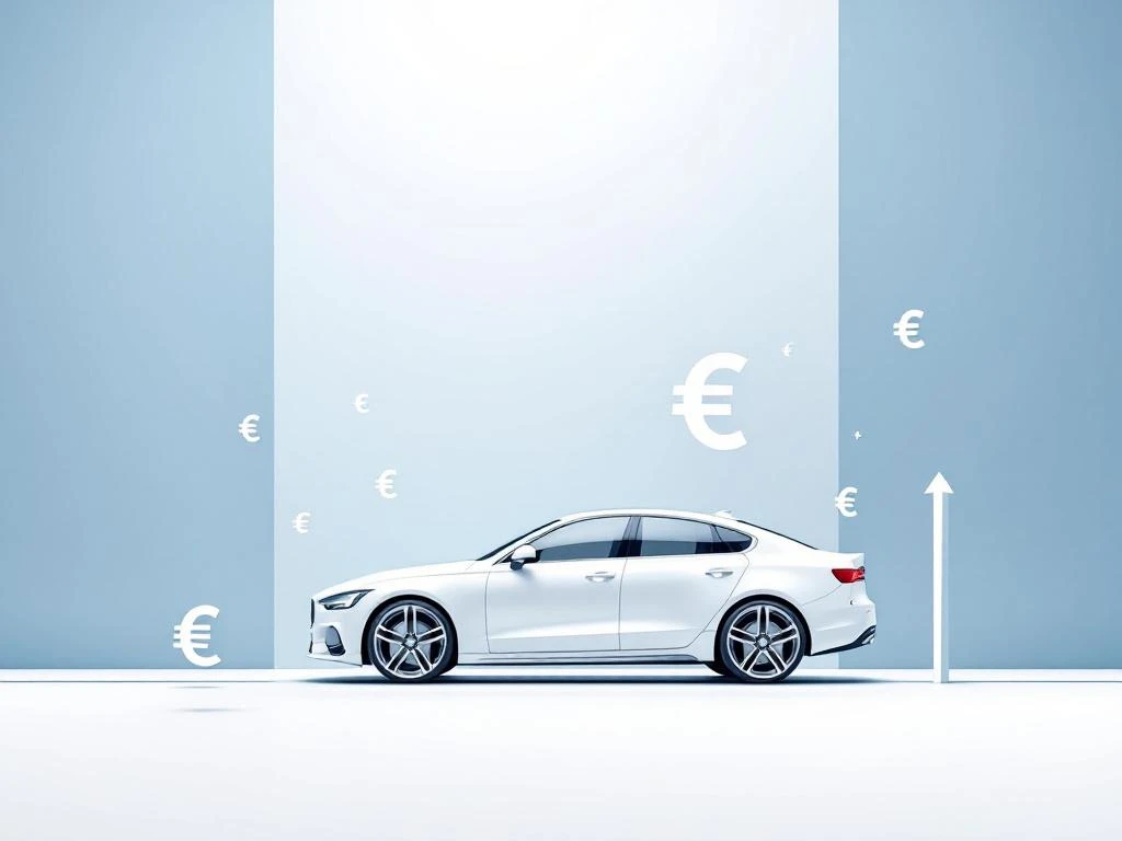 Witte auto silhouet met euro symbolen en pijl omhoog op blauwe gradient achtergrond voor financiële vergelijking