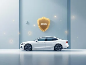 Witte auto silhouet met ANWB gouden logo en verzekeringssymbolen op minimalistische blauwe achtergrond