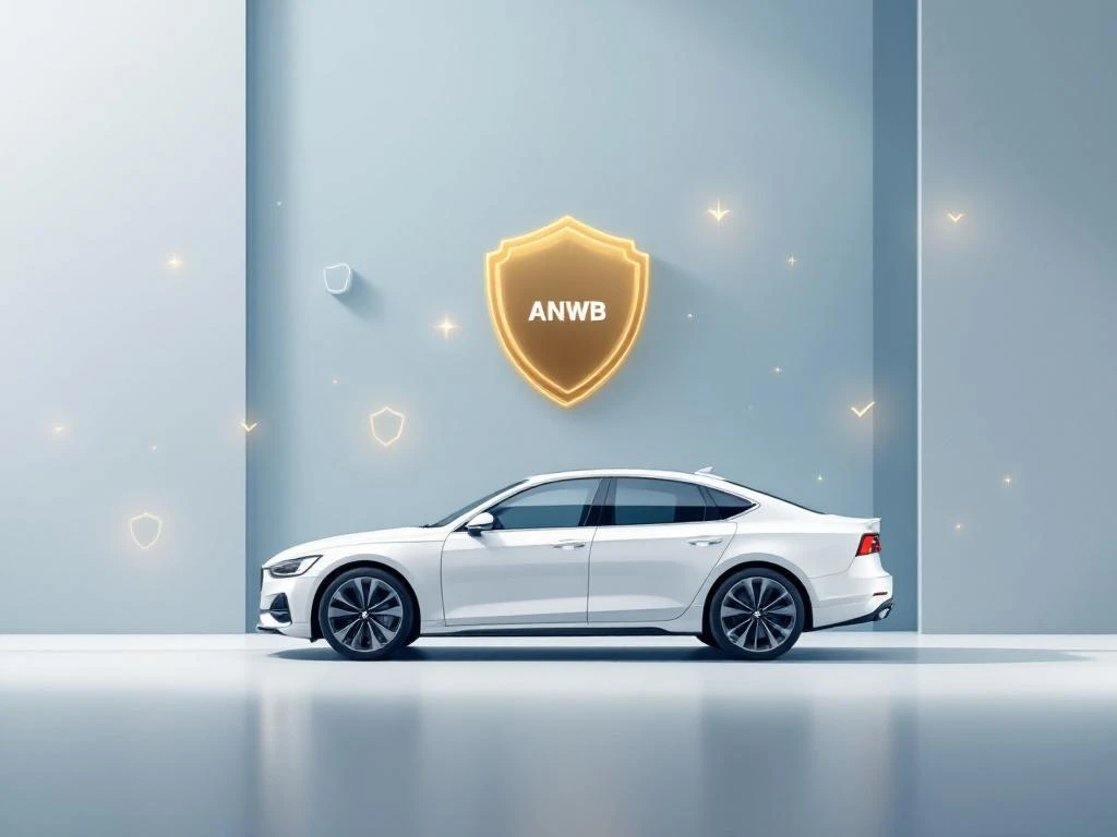 Witte auto silhouet met ANWB gouden logo en verzekeringssymbolen op minimalistische blauwe achtergrond