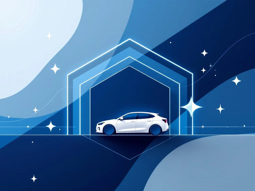 Witte auto silhouet omringd door blauwe en grijze geometrische schildvormen die autoverzekering en bescherming symboliseren