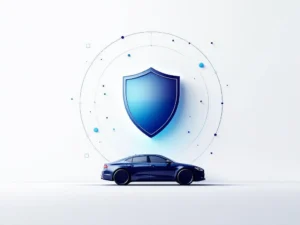 Blauw gradiënt schild icoon beschermt auto silhouet met geometrische elementen op witte achtergrond