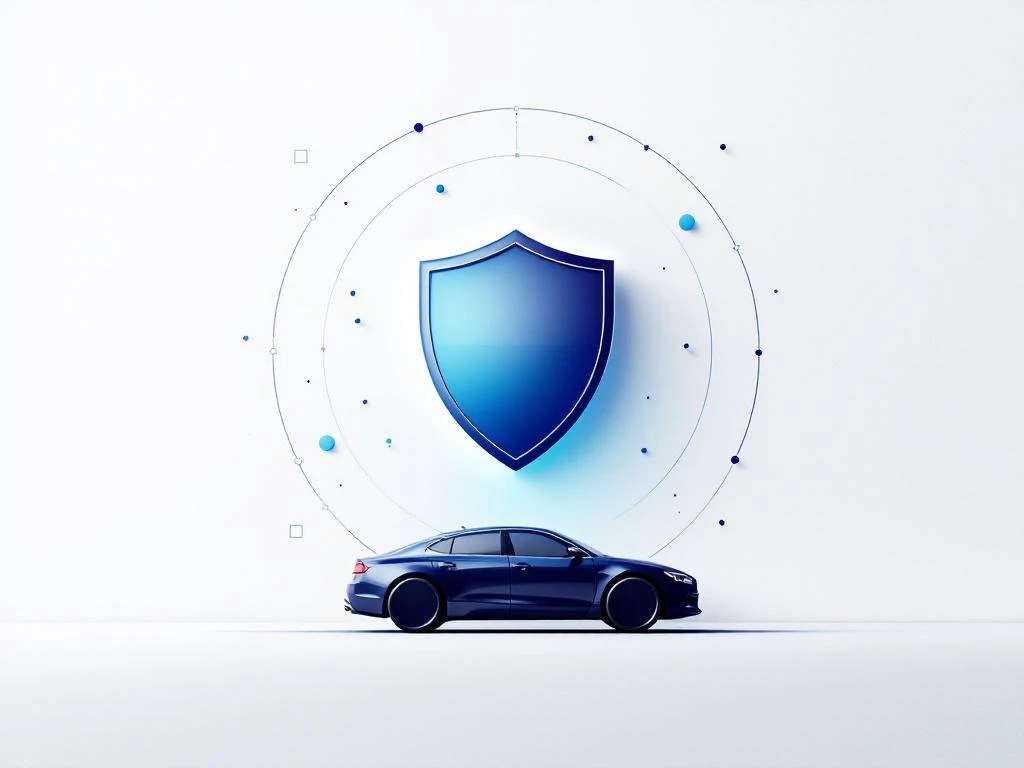 Blauw gradiënt schild icoon beschermt auto silhouet met geometrische elementen op witte achtergrond