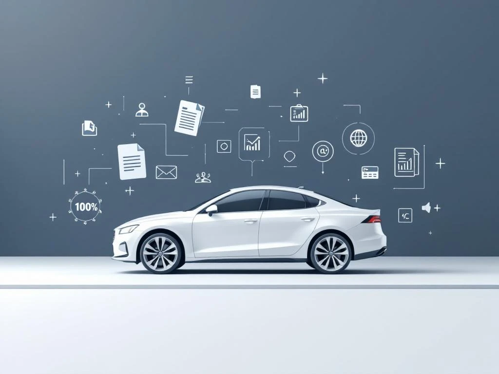 Witte auto silhouet omringd door drijvende documenten en data iconen op blauwe gradiënt achtergrond voor verzekeringen