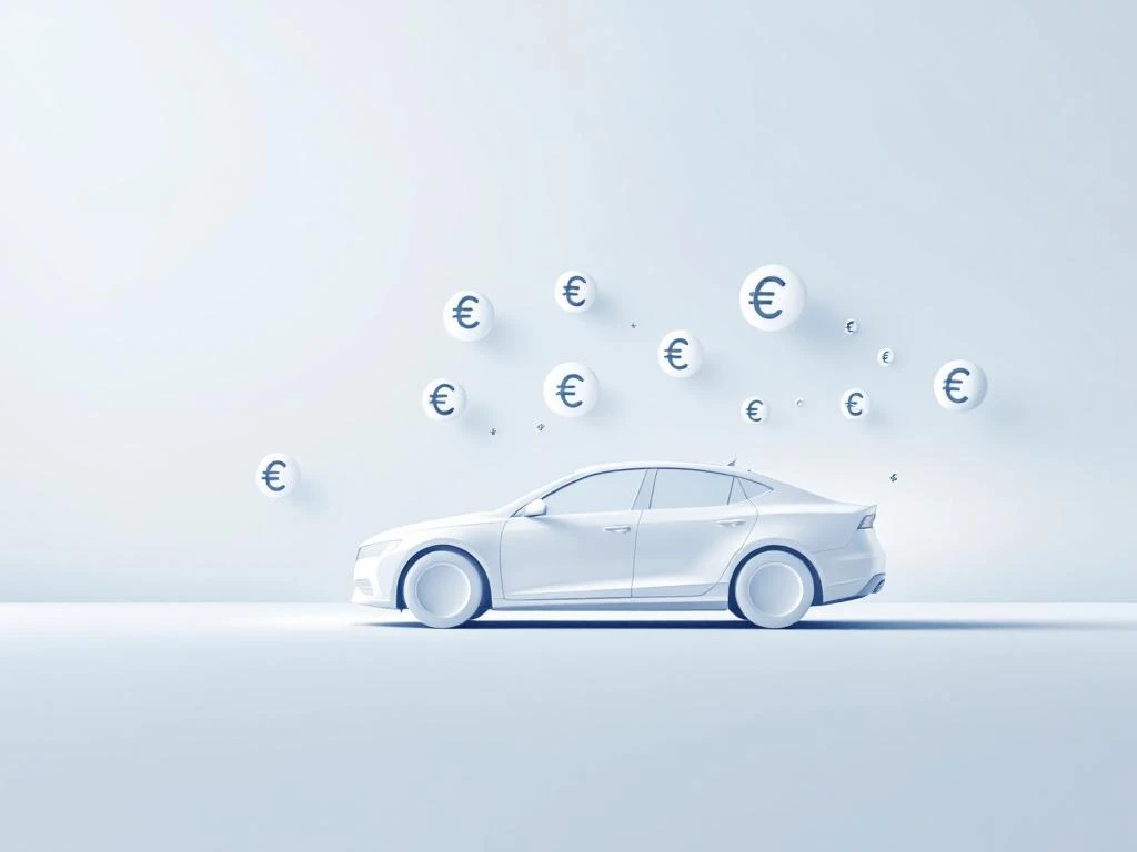 Witte auto silhouet met euro symbolen en calculator icoon op blauwe gradiënt achtergrond voor autoverzekering kosten