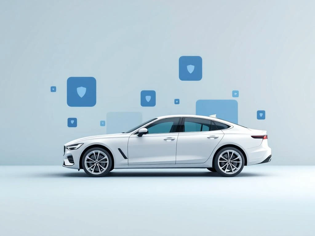 Witte luxe sedan met verzekeringsschild iconen op blauwe achtergrond, auto-verzekering concept