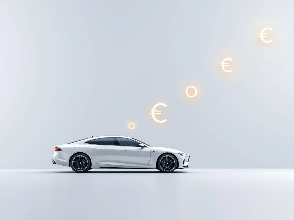 Witte luxeauto met vijf gouden cirkels en verkleind euroteken die premiekorting door schadevrije jaren illustreert