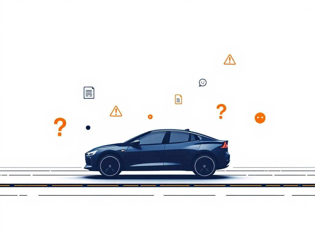 Donkerblauwe auto silhouet met oranje waarschuwingssymbolen en grijze verzekeringsdocument iconen op witte achtergrond