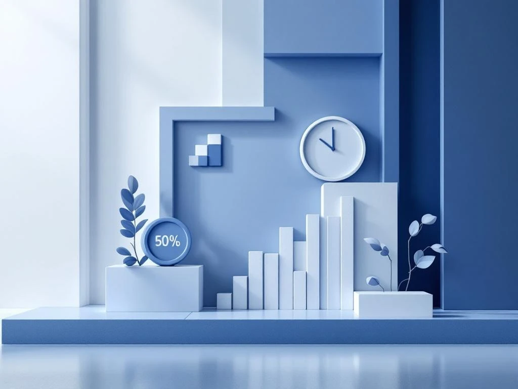 Moderne calculator met percentagesymbolen en tijdlijn-elementen op minimalistische blauwe achtergrond