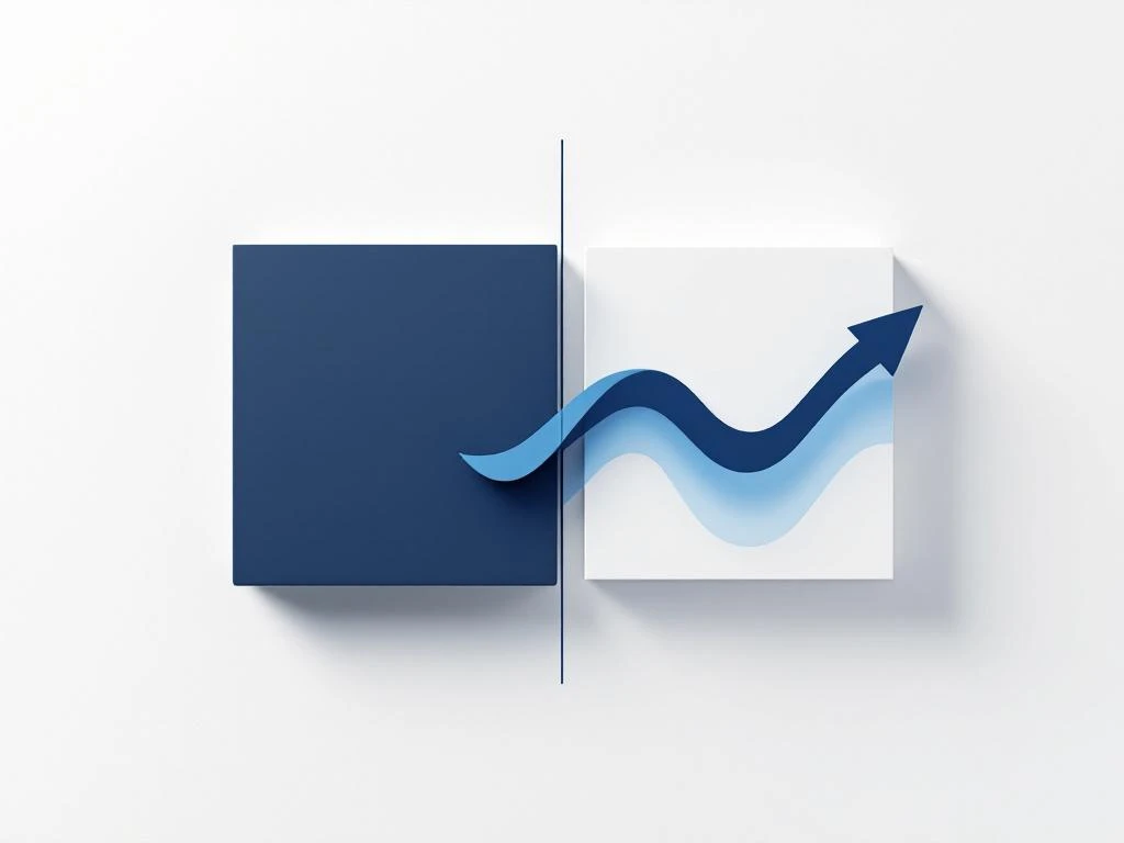 Geometrische compositie met navy blauwe rechthoek en golfpatroon, gescheiden door diagonale lijn voor financiële diensten