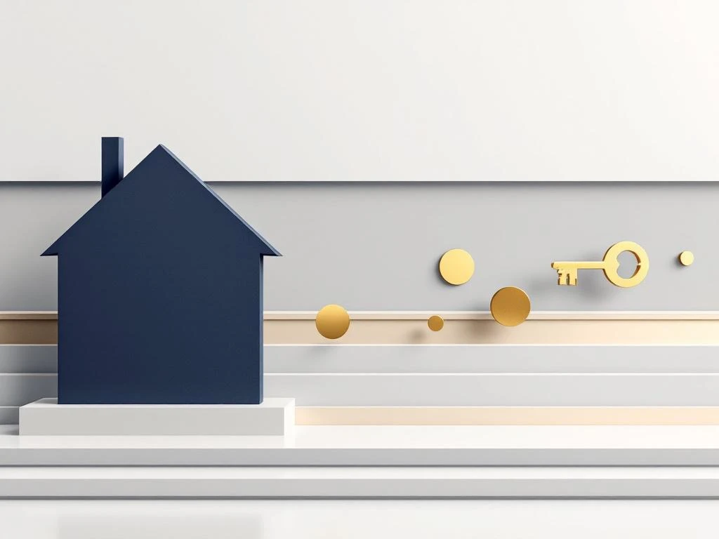Modern donkerblauw huis silhouet met gouden sleutelvormen en cirkels op witte achtergrond voor financiële diensten