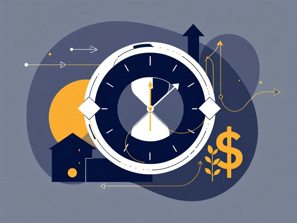 Moderne klok met geometrische pijlen in marineblauw en goud, met financiële groeigrafieken en huissilhouetten