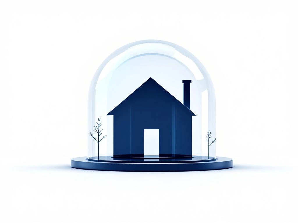 Modern marineblauw huis silhouet onder transparante beschermingskoepel op witte achtergrond voor financiële diensten
